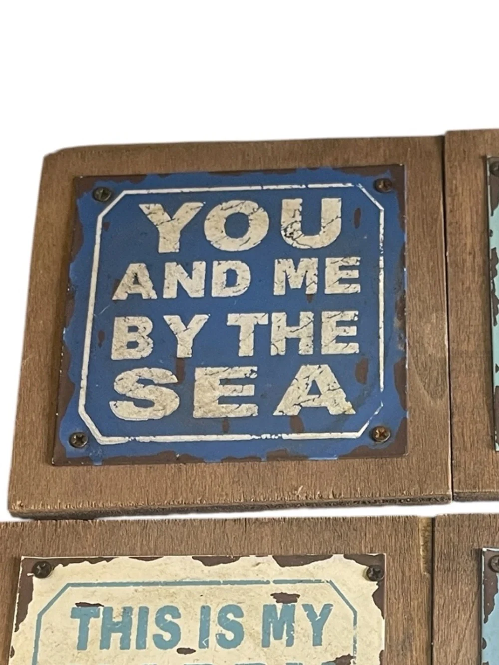 Beach Life Set of 4 Rustic Wood and Tin Coasters Sand Salt Sun Summer